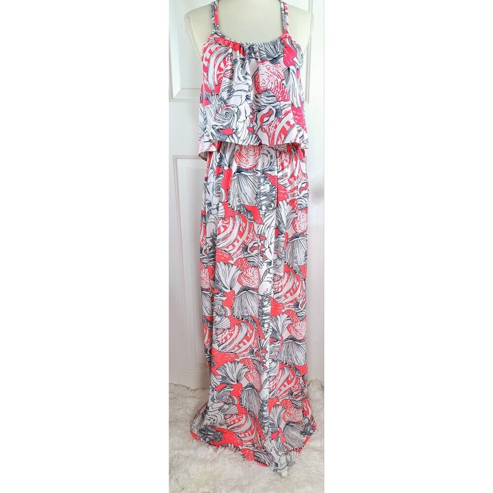 Julie Brown NYC Women Coral White Seashell Print Popover Cutout Maxi Dress M‎
